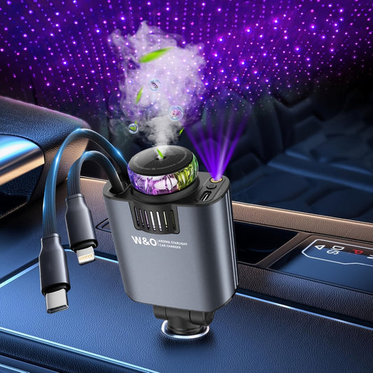 3-in-1 Car Charger Starlight Projector & Aroma Diffuser USB-C Port 2.6ft Retractable Cable Fast Charging Car Phone Charger with Blue Red Ambient Light, Multiple Scent Options for Car Interior