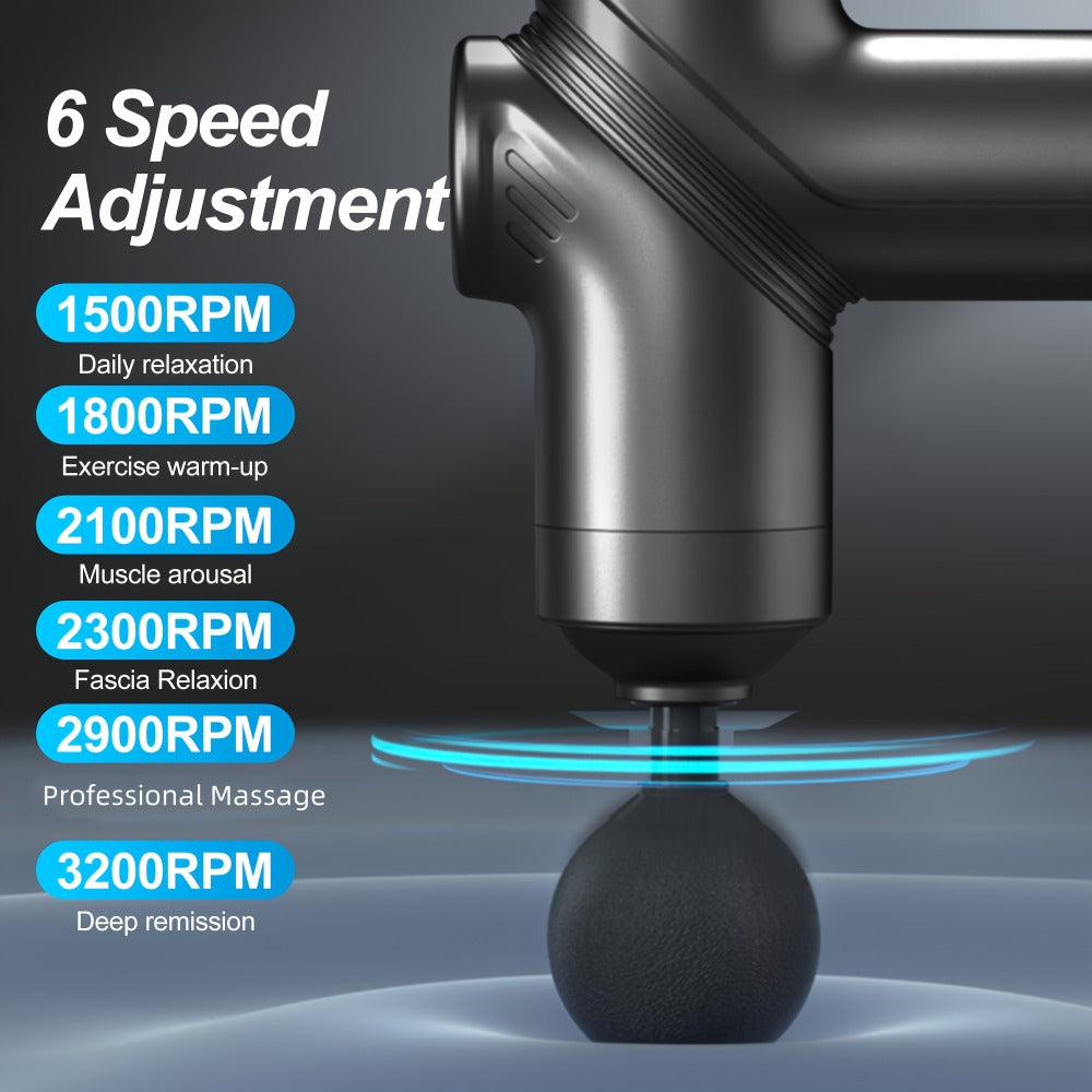 Compact Massage Gun with Six Speed Settings, Four or Eight Interchangeable Heads and Blue or Black Finish Options