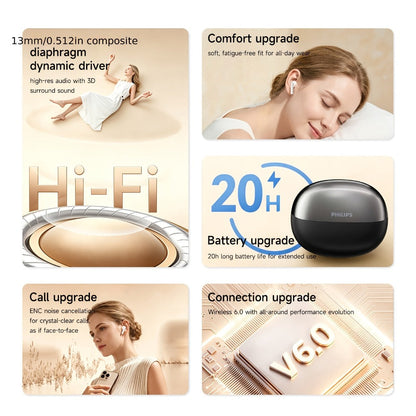 Wireless Earbuds Philips Bluetooth 6.0 Semi-Open Back with Long Battery and Noise Reduction