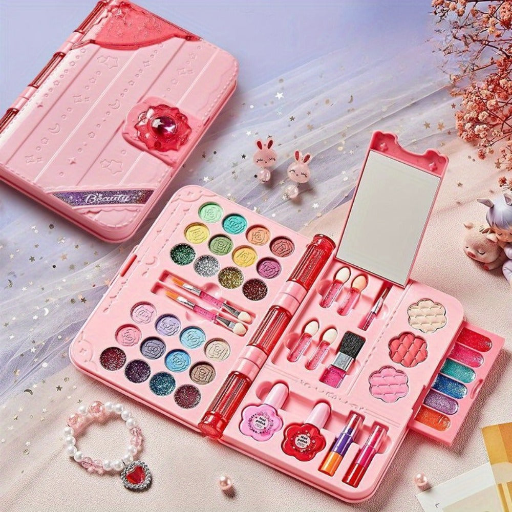 Kids Washable Makeup Set with Mirror — Princess Makeup Case for Girls, Birthday & Halloween Gift, Safe Non-Toxic Cosmetic Play Set for Children