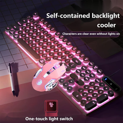 Retro Round-Key Wired Keyboard and 6D Mouse Set with Pink or Blue USB Color Options and One-Touch Lighting