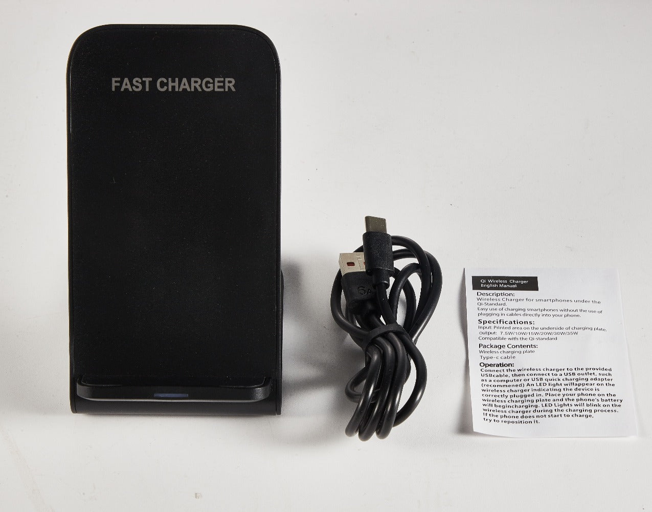 Black Dual-Coil Wireless Charging Stand with Vertical or Horizontal Support and 19 Device Labels