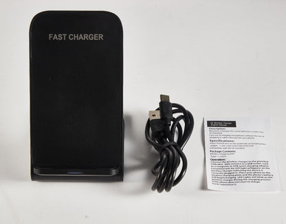 Black Dual-Coil Wireless Charging Stand with Vertical or Horizontal Support and 19 Device Labels
