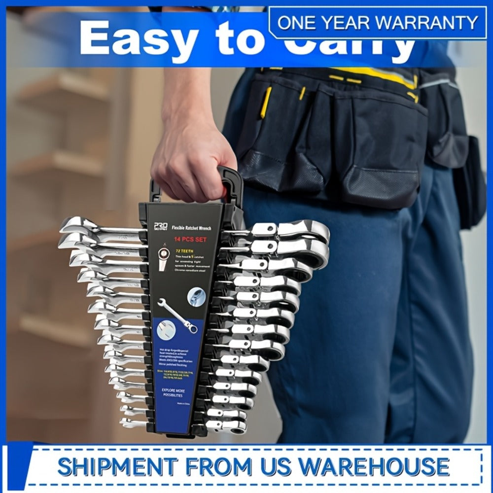 Flex Head Ratcheting Wrench Set SAE 14-Piece - 1/4" to 7/8" Chrome Vanadium Steel 72-Tooth 180° Flex Head with Organizer Rack for Auto Mechanical Repair