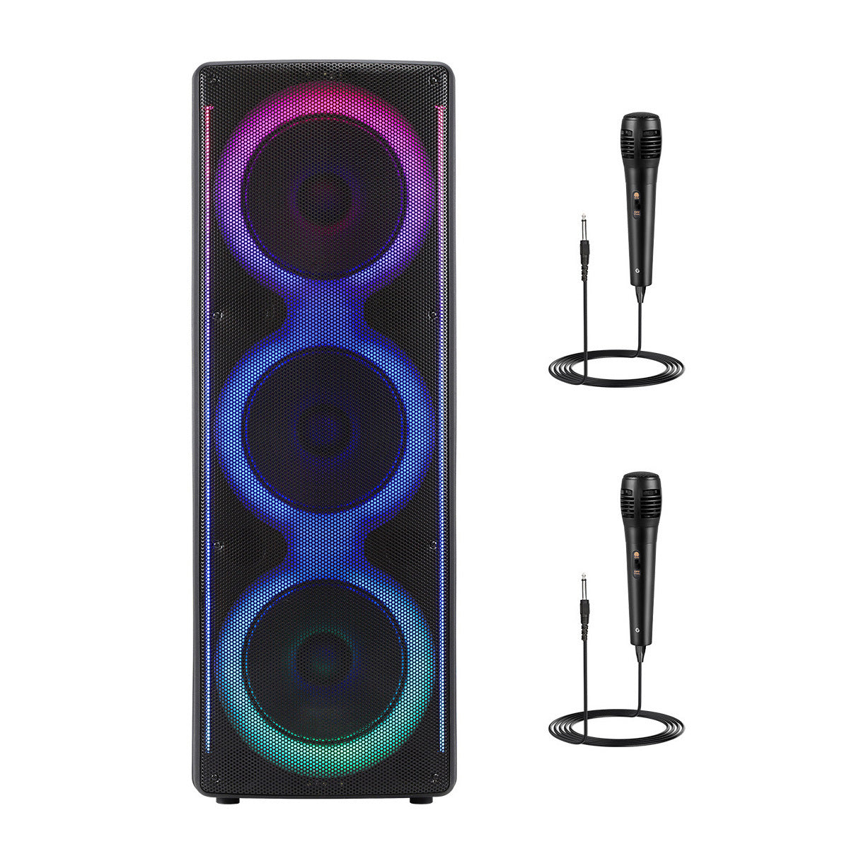 Triple 8-Inch Subwoofer PA Party Speaker with Wireless Stereo Pairing, LED Color Lights, FM Radio, USB & TF Playback, Wired Mic, Home Theater Sound System for Parties, Outdoors & Events