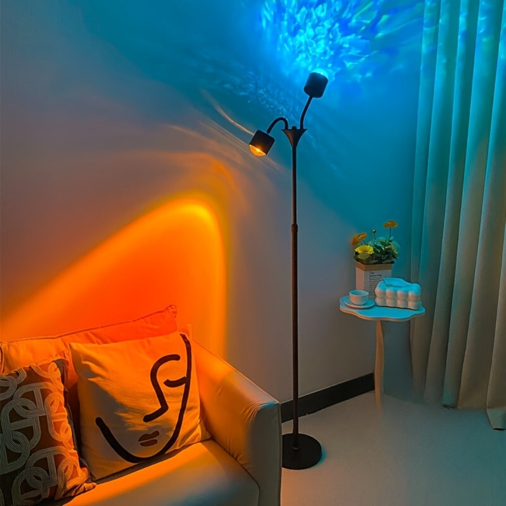 Black Dual-Head Floor Projector Lamp with Two Adjustable Spot Heads, Remote and Color Discs