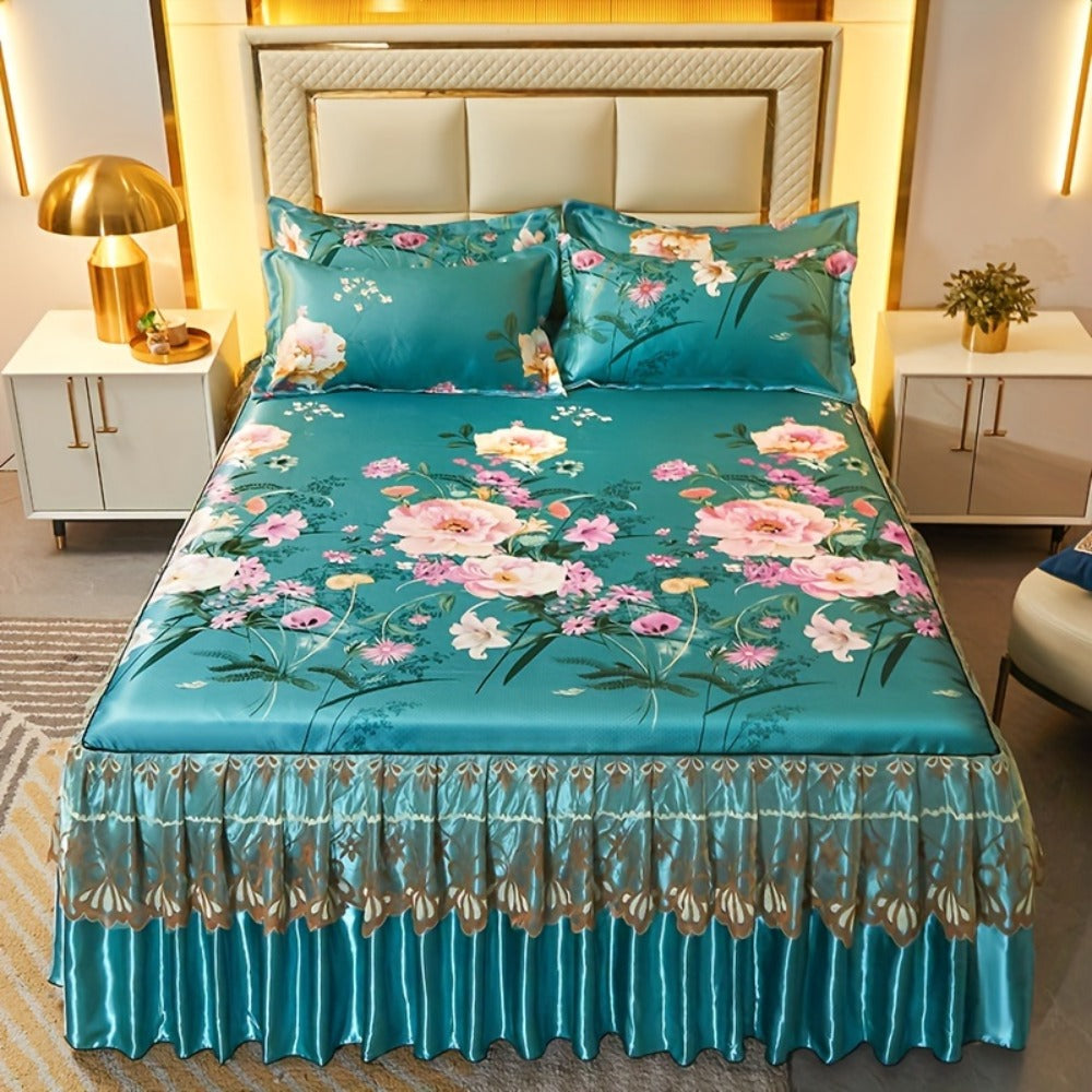 Ruffled Floral Bedspread Mat Set with Two Pillowcases, Twin to King Sizes and Four Pattern Choices