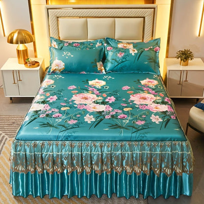 Ruffled Floral Bedspread Mat Set with Two Pillowcases, Twin to King Sizes and Four Pattern Choices