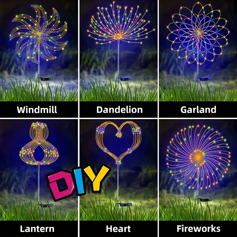 Solar Garden Lights Firework Stakes with 240-640 LEDs, 8 Modes, 4/8 Packs and Three Light Colors