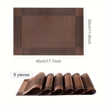 Six-Piece PVC Placemats in Gold, Brown or Silver, Each 11.8 x 17.7 Inches for Dining Tables