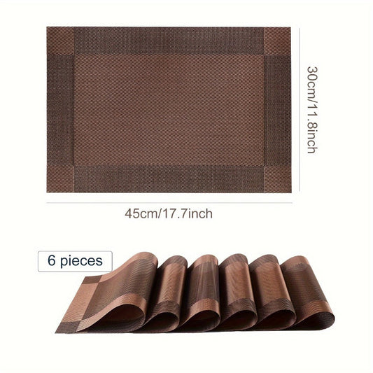 PVC Placemats Set of 6 Heat Resistant Non-Slip Washable Table Mats for Kitchen Dining Table, Easy Clean Vinyl Dinner Mats 11.8x17.7 Inch (Golden, Brown, Silver)