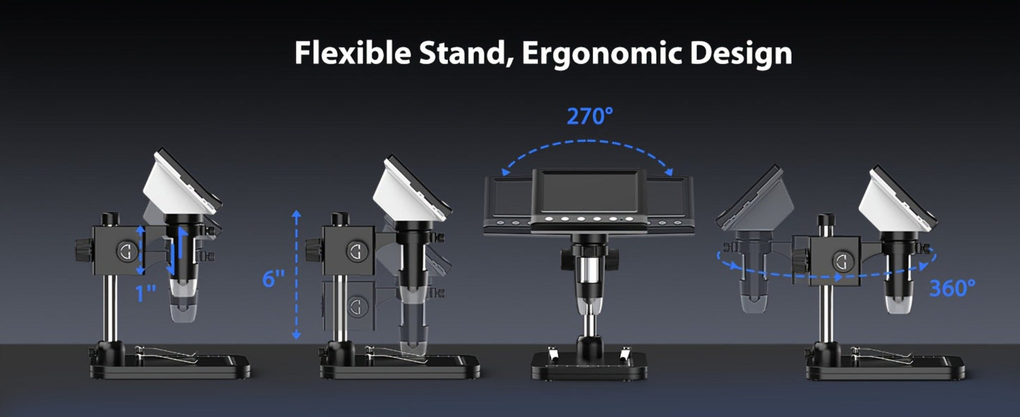 4.3-Inch IPS Digital Microscope with Eight LEDs, 32GB Card and Adjustable Stand for Coin and PCB Inspection
