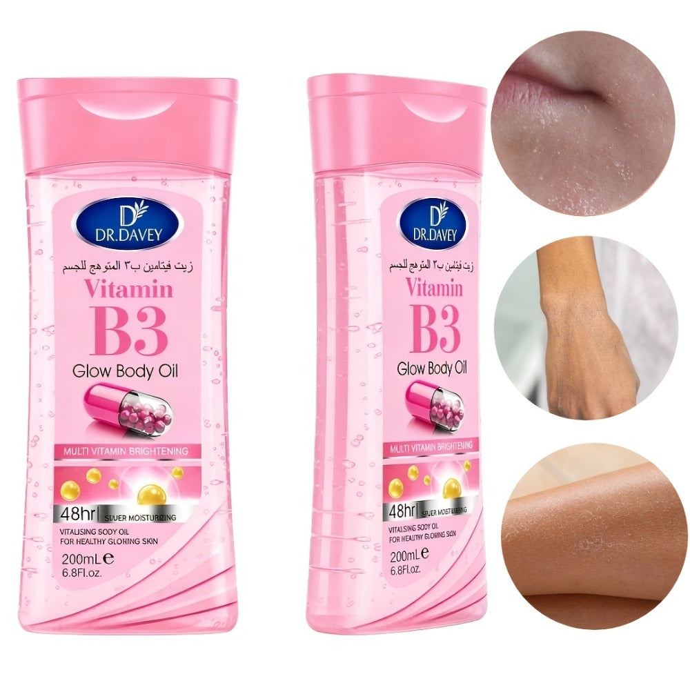 Vitamin B3 Body Oil, Two-Piece Set of 200ml Flip-Top Bottles with Coordinated Pink Niacinamide Labels