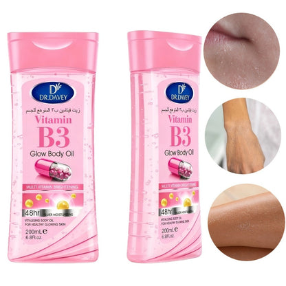 Vitamin B3 Body Oil, Two-Piece Set of 200ml Flip-Top Bottles with Coordinated Pink Niacinamide Labels