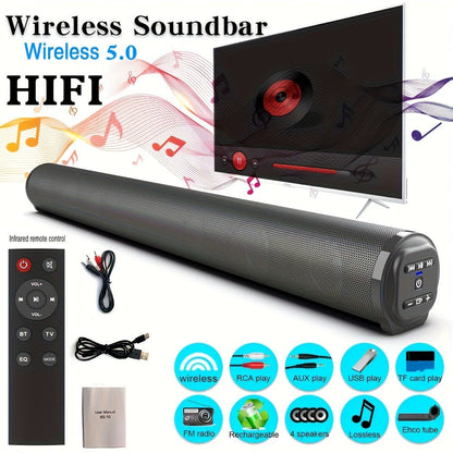 Home Theater Surround Sound System 5.2 Channel – Wireless Subwoofer Dual Air Ducts Bass Boost, TV Soundbar Stick with Remote Control, Rechargeable Battery & Type-C Charging, Complete Speaker Set