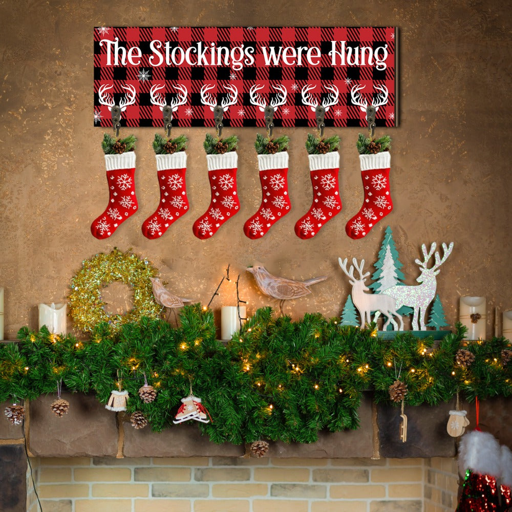 Christmas Stocking Wall Rack with Six Hooks, Red Plaid Sign and The Stockings Were Hung Text