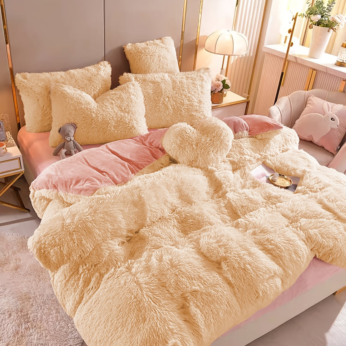 Plush Four-Piece Duvet Cover Set with Bed Sheet, Two Pillowcases, Queen or King Size and Eight Colors
