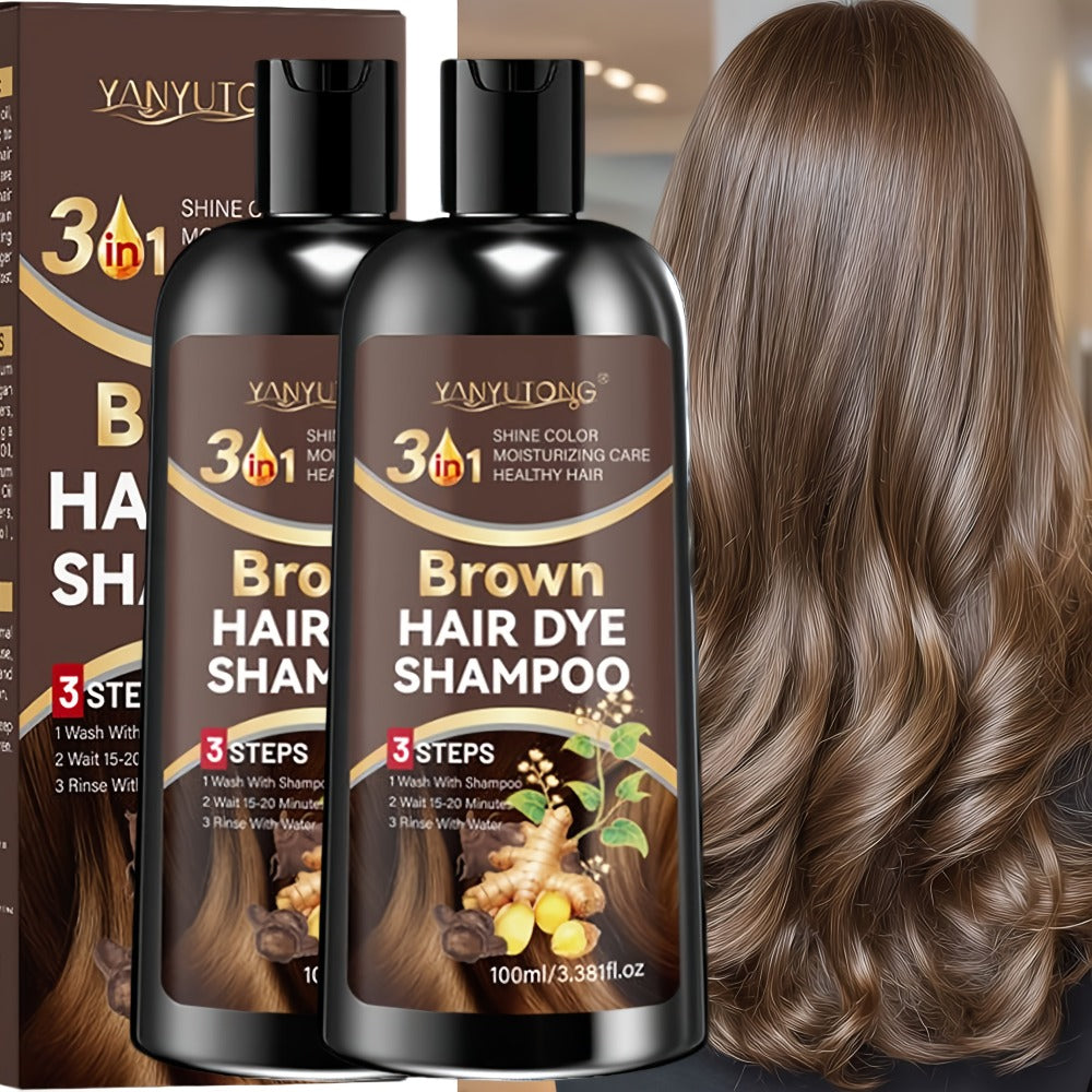 Brown Hair Dye Shampoo 2-Pack 3.38oz — Polygonum Multiflorum & Ginger Extract Covers Gray Hair, Deep Moisture Anti-Frizz Long-Lasting Natural Color, Plant-Based Unisex Hair Gift