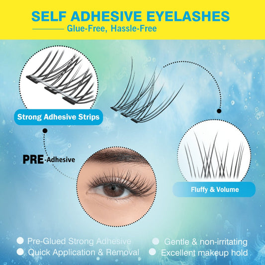 Pre-Glued Wispy Press-On Lash Clusters Kit with 2 Tweezers — Self-Adhesive No Glue Needed, Natural & Thick Fluffy Volume, Reusable Beginner-Friendly Individual Cluster Eyelashes for Daily Wear