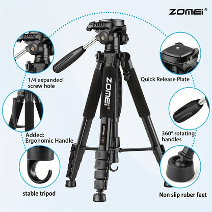65-Inch Aluminum Camera Tripod with Three-Way Pan Head, Quick-Release Plate, Phone Clip, Carry Bag and Four Colors
