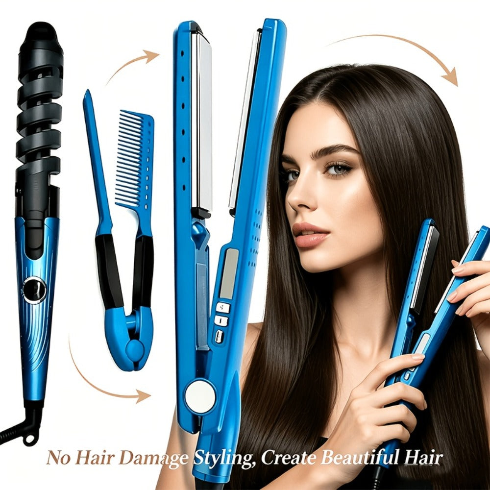 Flat Iron, Curling Iron and Comb Hair Styling Tool Set with Three Pieces in Blue for Home Styling
