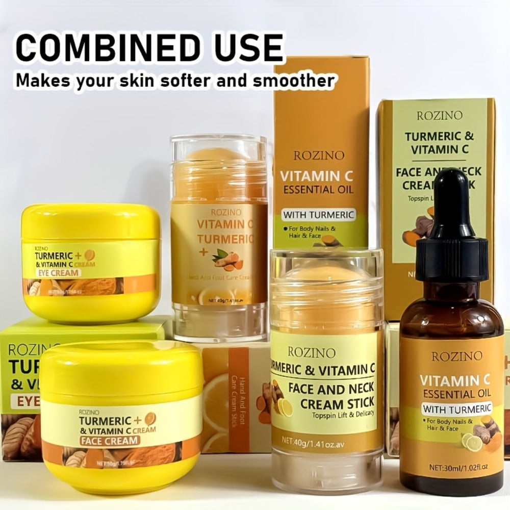 Skincare Set with ROZINO Label, 5 Turmeric and Vitamin C Cream and Serum Items for Face Hands and Feet
