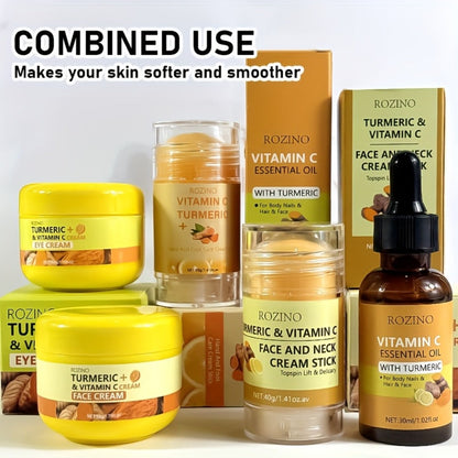 Skincare Set with ROZINO Label, 5 Turmeric and Vitamin C Cream and Serum Items for Face Hands and Feet