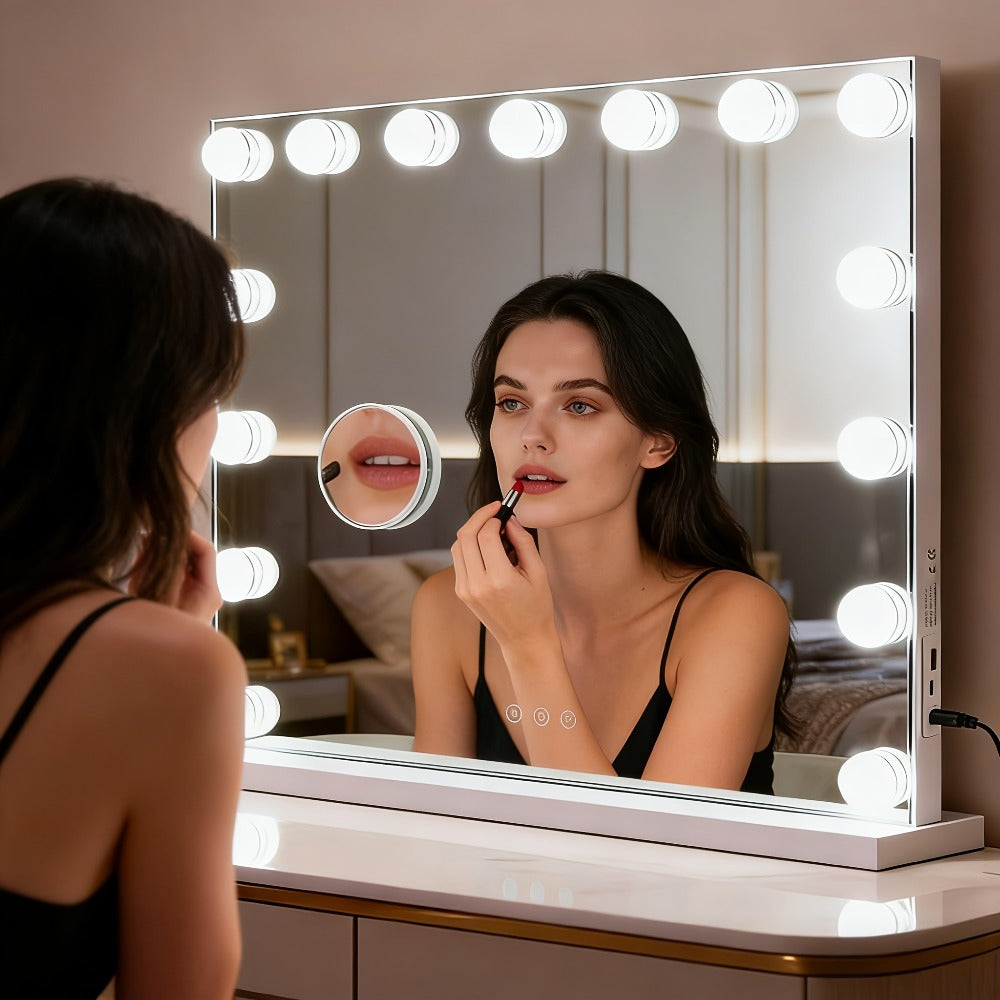 Hollywood Vanity Mirror with Lights – 15 LED Bulbs, 3 Color Modes, Dimmable Brightness, 23x18 Inch, USB & Type-C Charging, Touch Control, Desk & Wall Mount, Metal Frame Makeup Mirror