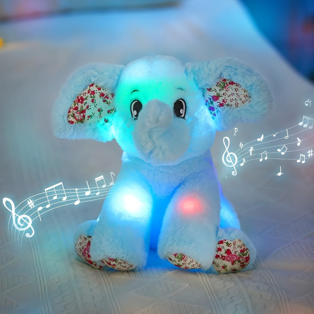 Plush Toy – Blue Elephant with LED Glow and Optional Lullaby Music for Soft Room Display and Gifting