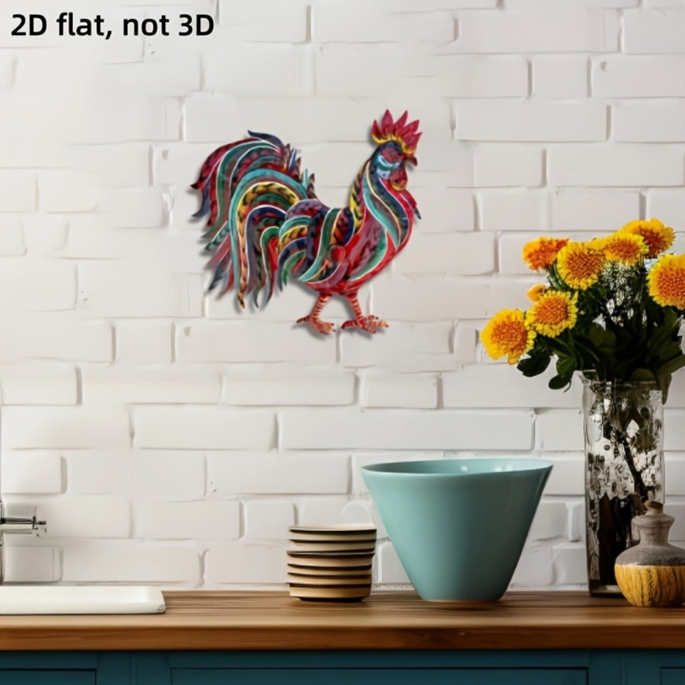 Colorful Flat Metal Rooster Wall Decoration, 11.8 by 11.46 Inches, with Layered Farmhouse Cutout Design