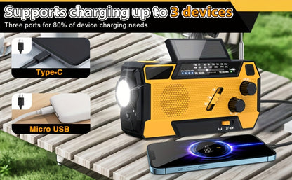 2000mAh AM/FM/NOAA Emergency Radio with Built-In Charging Cables, Solar Panel, Hand Crank and Three Colors