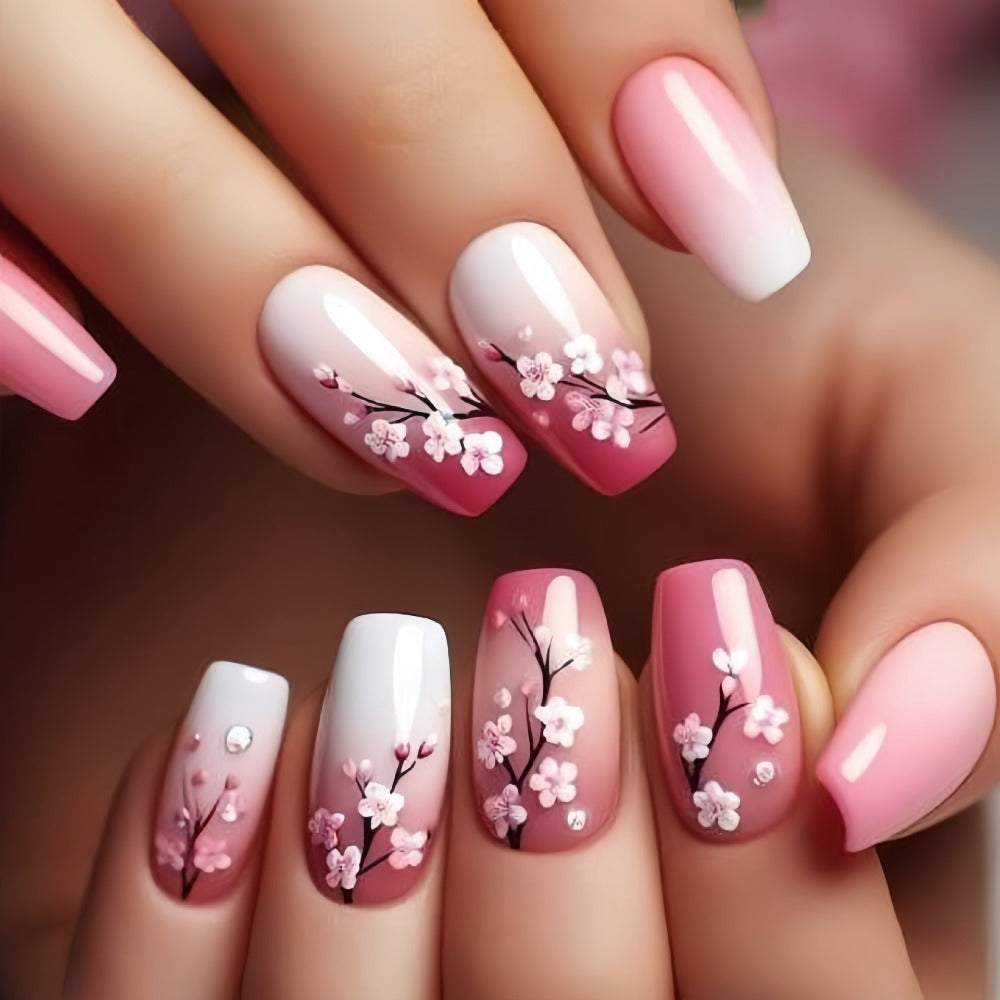 Press On Nails 120-Piece Medium Square Set with Glossy Floral and Striped Designs in Five Packs