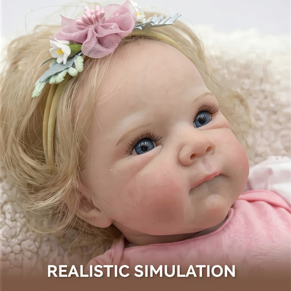 Reborn Baby Doll 16-Inch Cloth Body with Rooted Blonde Hair, Open Eyes, Pink Romper and Pacifier Set