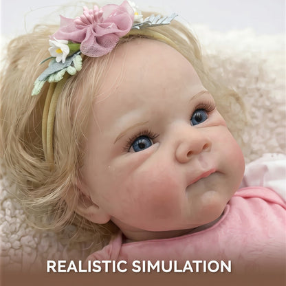 Reborn Baby Doll 16-Inch Cloth Body with Rooted Blonde Hair, Open Eyes, Pink Romper and Pacifier Set