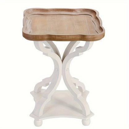 Side Table Rustic Raised-Tray Accent Design with Distressed Wood-Like Finish in Square or Round Shape