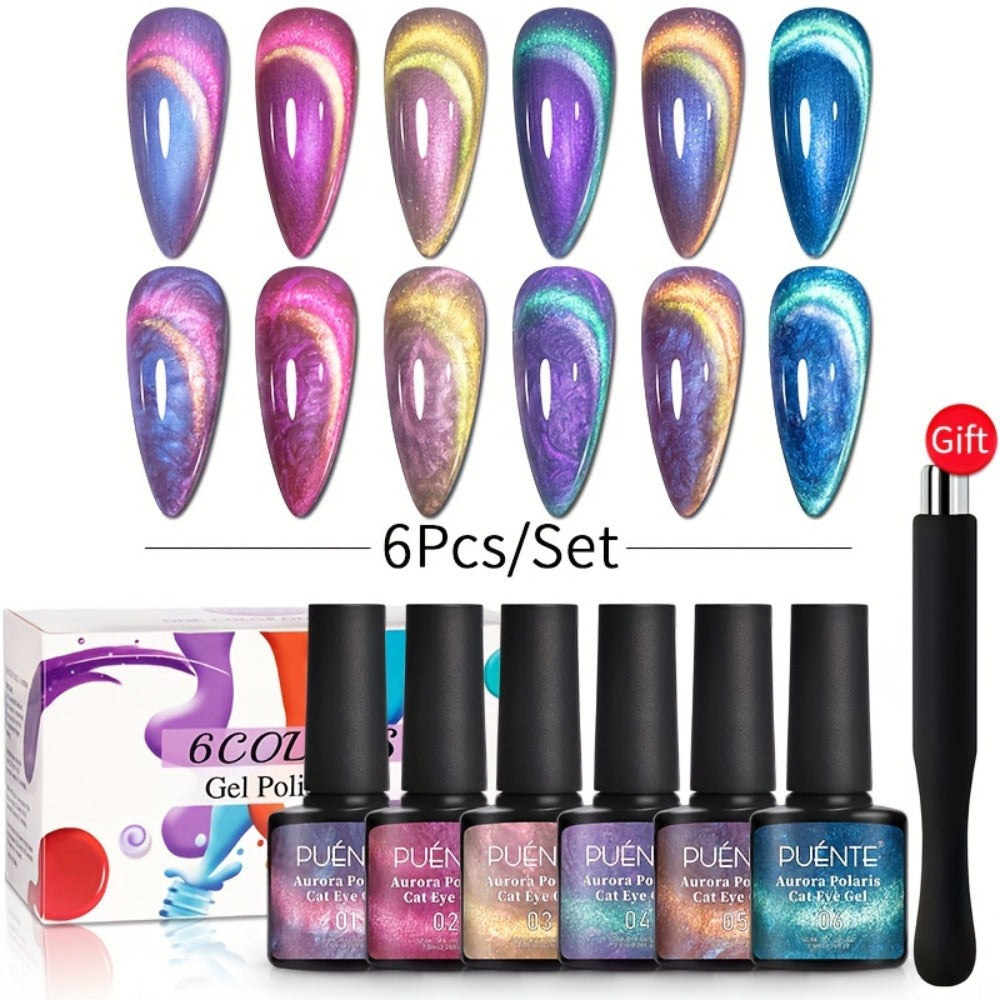 Cat Eye Gel Nail Polish Set 6Pcs 9D Aurora Magnetic Glitter Pearl Shell Effect – Soak-Off Semi-Permanent UV LED Gel Varnish Nail Art Kit for Home Salon Manicure Gift for Women