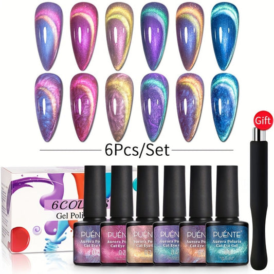 Gel Nail Polish – Cat Eye Set 6Pcs 9D Aurora Magnetic Glitter Pearl Shell Effect – Soak-Off Semi-Permanent UV LED Gel Varnish Nail Art…