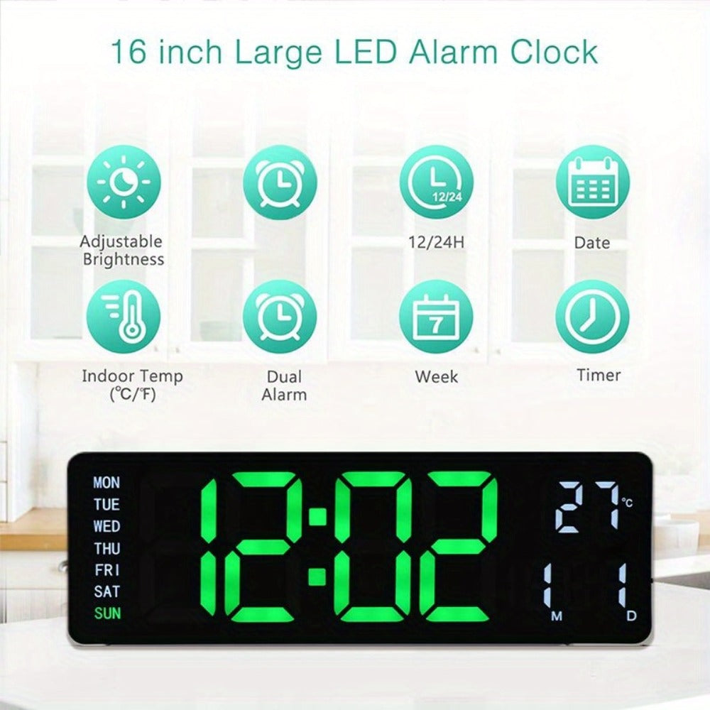 Digital Wall Clock with 16 Inch LED Color Display and Smart Auto-Dimming 10-Level Brightness