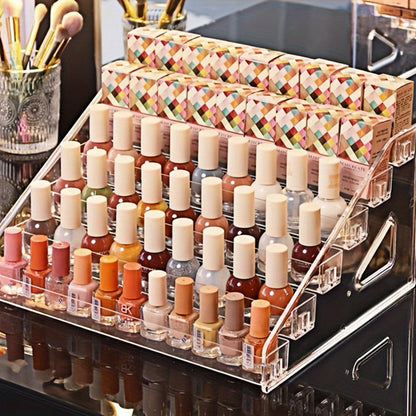 Four-Tier Transparent Nail Polish Organizer with Stepped Rows, Side Panels and Countertop Display Design