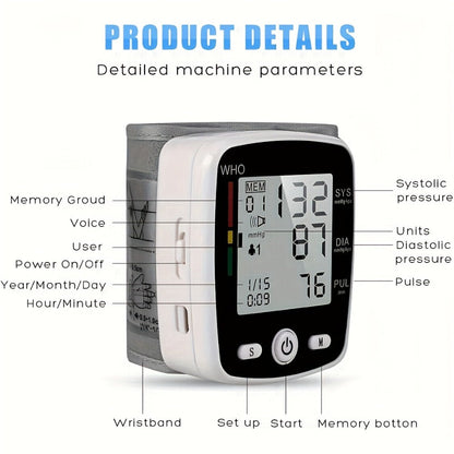 Blood Pressure Monitor Wrist Device with Rechargeable Power, Large LCD, Voice Readout and Two-User 198-Reading Memory