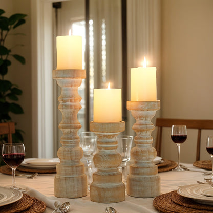 Candle Holder Set of 3 Graduated Brown Wood Pillar Stands with Turned Farmhouse Profiles for Tabletop Displays