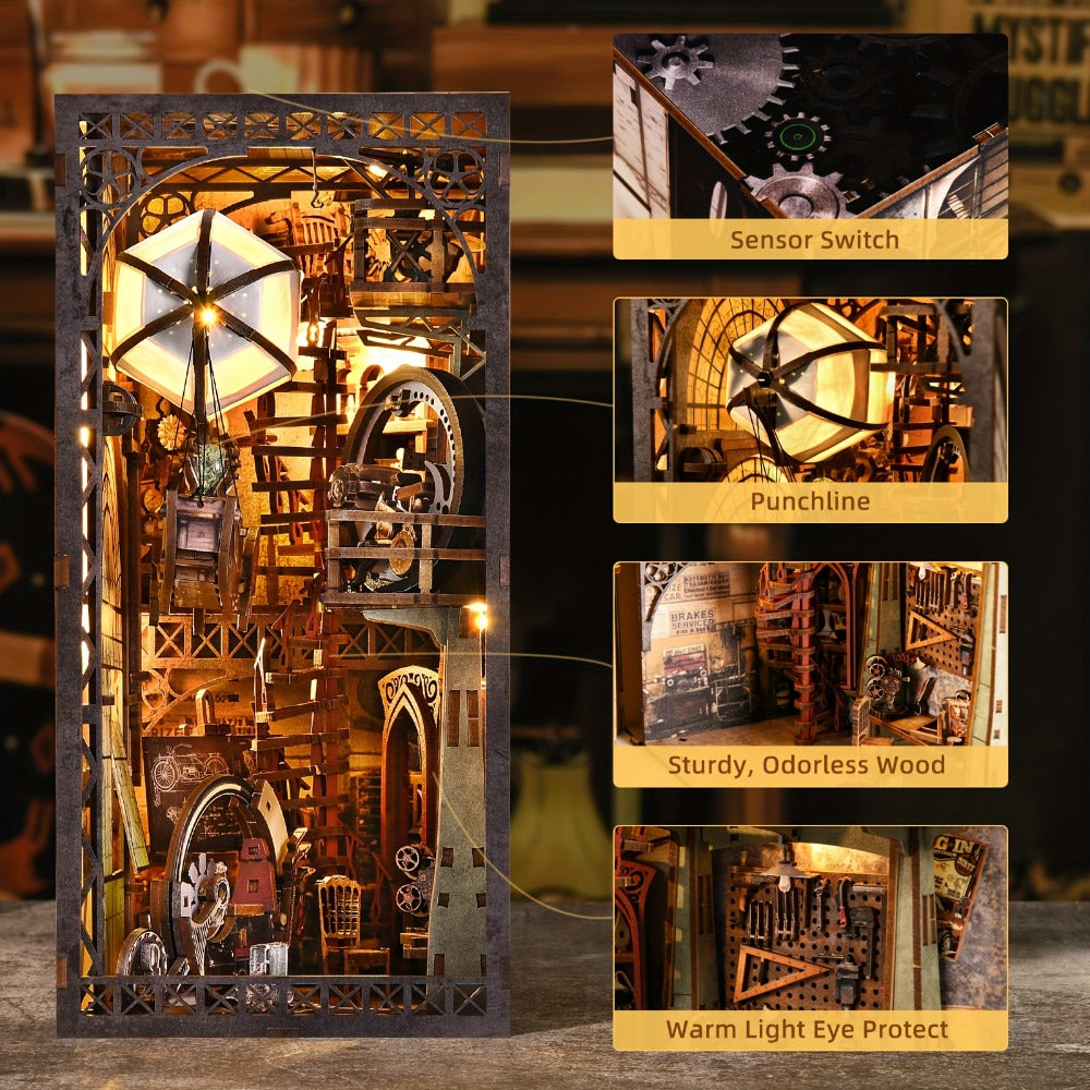 Corner Alley Wooden Book Nook Kit with 9-Inch Steampunk Street Scene, Sensor Light and YM05-Pete Option