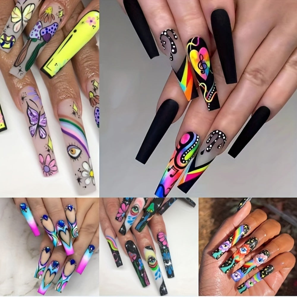 Press On Nails 120-Piece Extra-Long Set in Five Boxes with Cosmic, Crystal, Matte, Stripe and Floral Designs