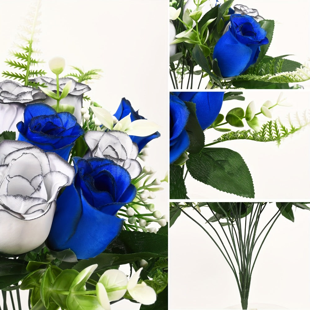 Artificial Cemetery Flowers for Grave with Saddle, Silk Rose Bouquet Headstone Decoration, Memorial Day Grave Flowers