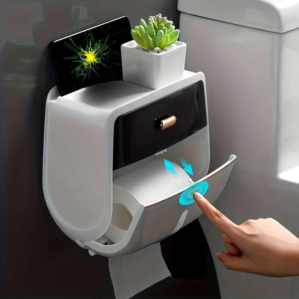 Wall-Mounted Covered Toilet Paper Holder with Top Drawer, Storage Shelf and 8.26 x 5.51 x 8.46-Inch Size