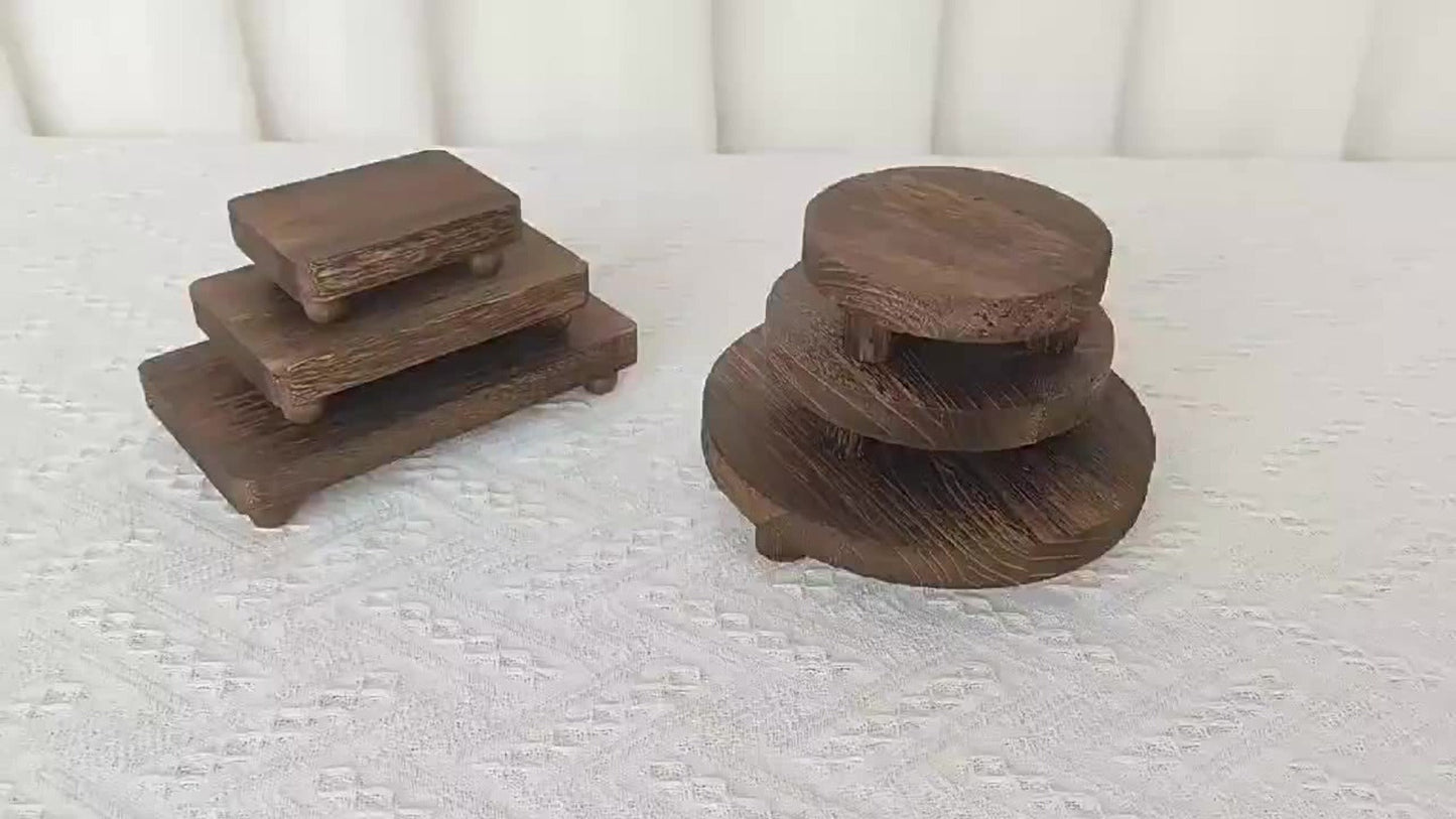 Round Wooden Display Risers, 3-Piece Rustic Pedestal Stand Set in 5, 6 and 7.7-Inch Sizes for Plants and Home Decor