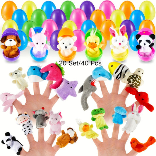 Finger Puppets with Eggs 40pcs (20 Sets) Prefilled Cartoon Animal Plush Dolls, Soft Puppet Toys for Party Favors Basket Stuffers Easter Gifts Back to School, Kids Toddlers Cute Animals Style