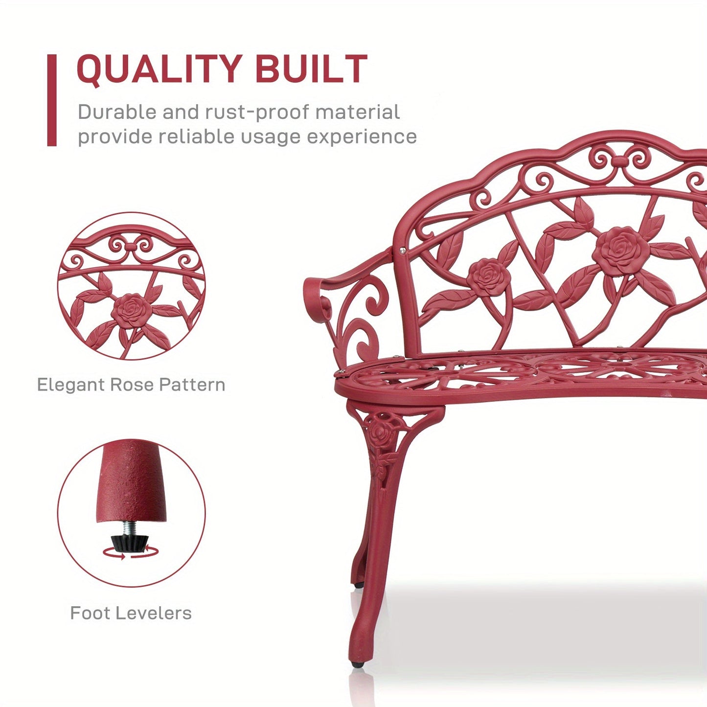 Floral Metal Outdoor Bench with 38.5in Rose-Pattern Seat and Back, Curved Arms and Four Color Options