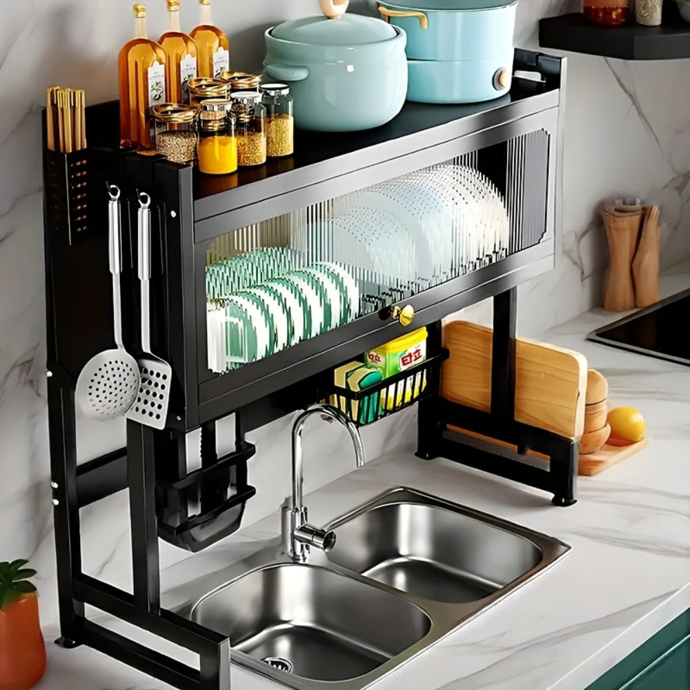 Dish Drying Rack Multi-Layer Kitchen Countertop Organizer - Dust-Free Drainer for Plates Bowls Utensils