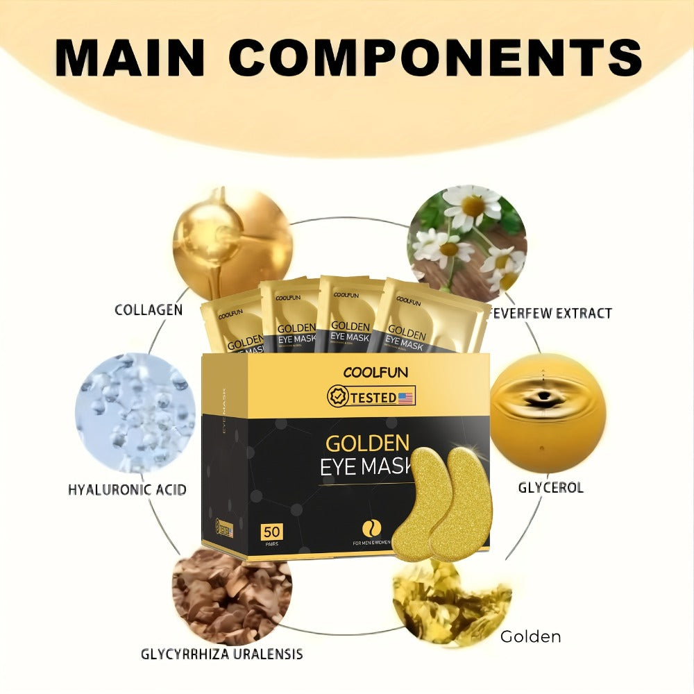 50-Pair Gold-Tone Under-Eye Patch Box with Individual Pouches and Collagen, Hyaluronic Acid and Glycerin Wording